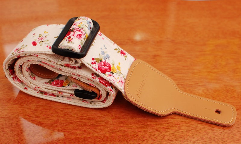 MUSIC FIRST Original Design, 2 inch width (5cm), â€œRosa Multiflora in Creamâ€ Padded Soft Muslin & Genuine Leather Floral Guitar Strap Electric Guitar straps - Image 4